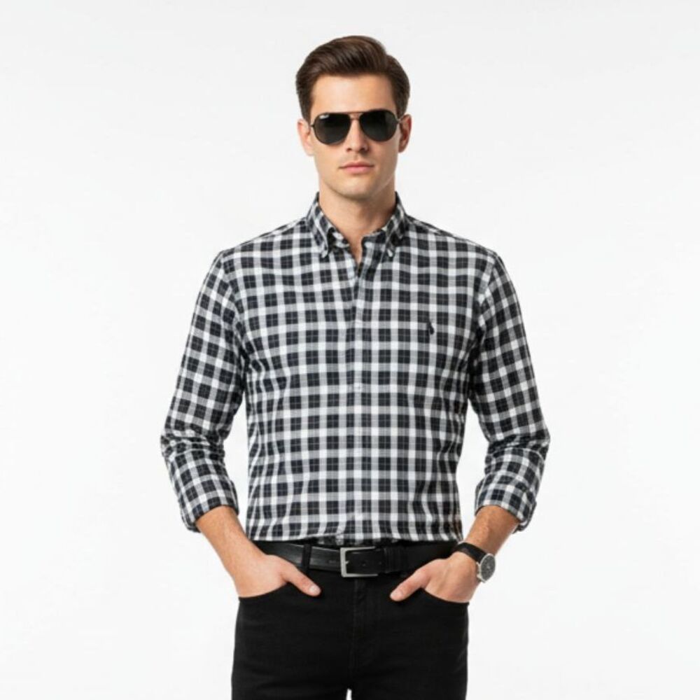 Ralph Lauren Men’s Blue & White Plaid Checks Long Sleeve Button Up & Down Shirt